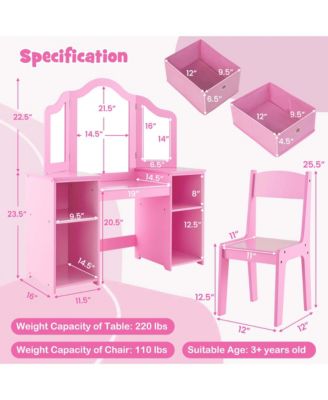 Kids Vanity Table &amp; Chair Set 2-in-1 Princess Pretend Play Makeup Vanity Set