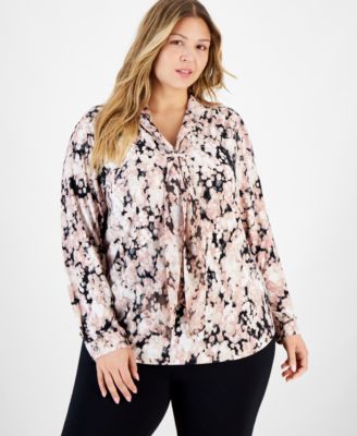 Anne Klein - Plus Size Abstract-Print Scarf-Neck Top