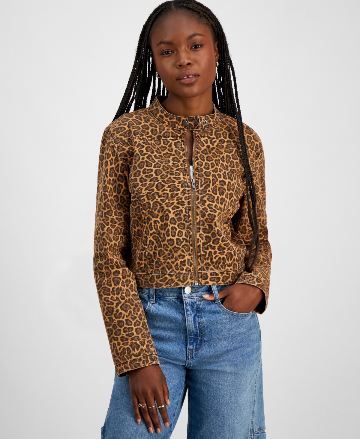 Tinseltown Juniors'Print Zip-Up Moto Jacket - Leopard
