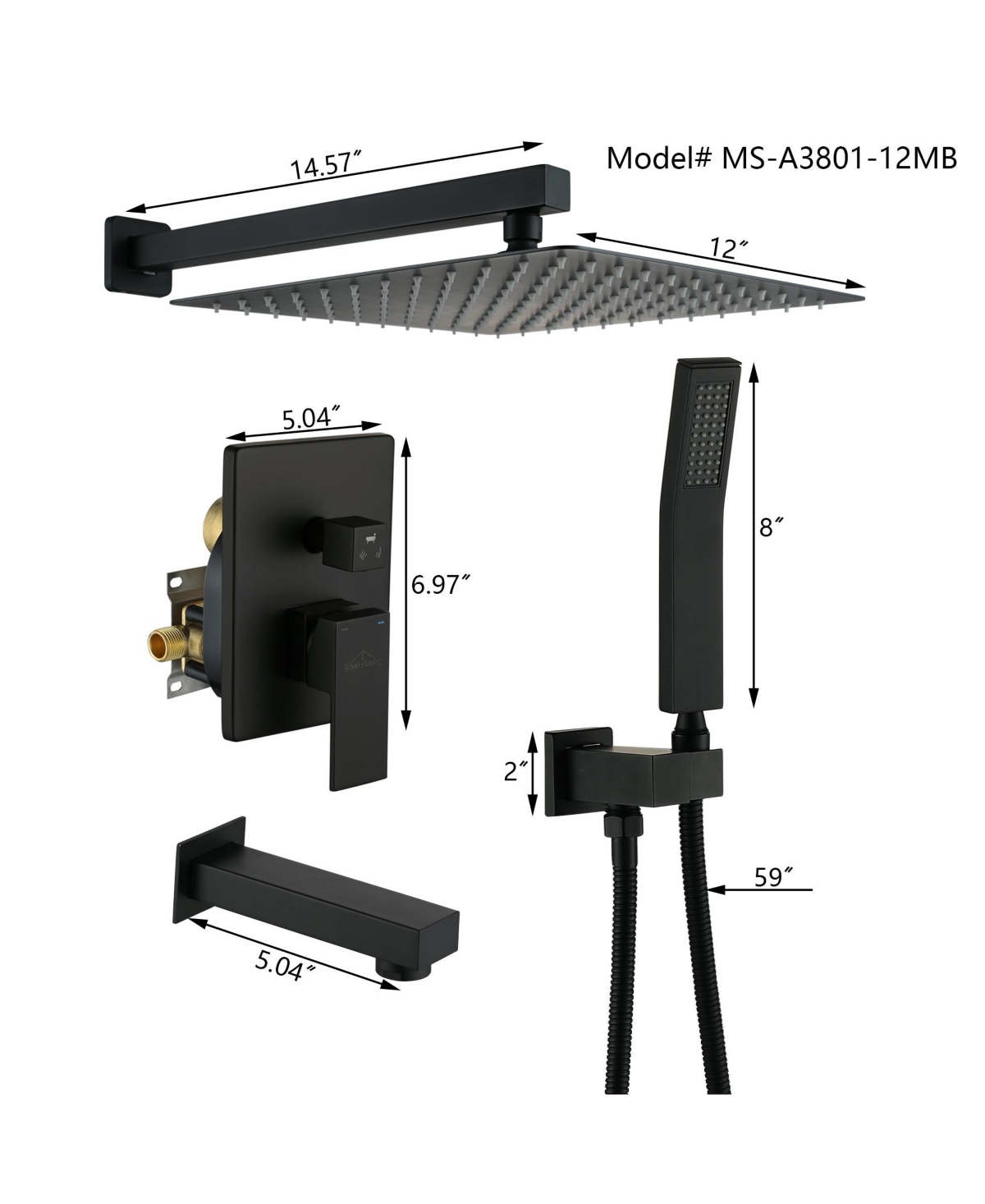 Boyel Living 1-Spray Patterns with 2.5 Gpm in. Square Wall Mount Dual Shower Heads with Pressure Balance Valve