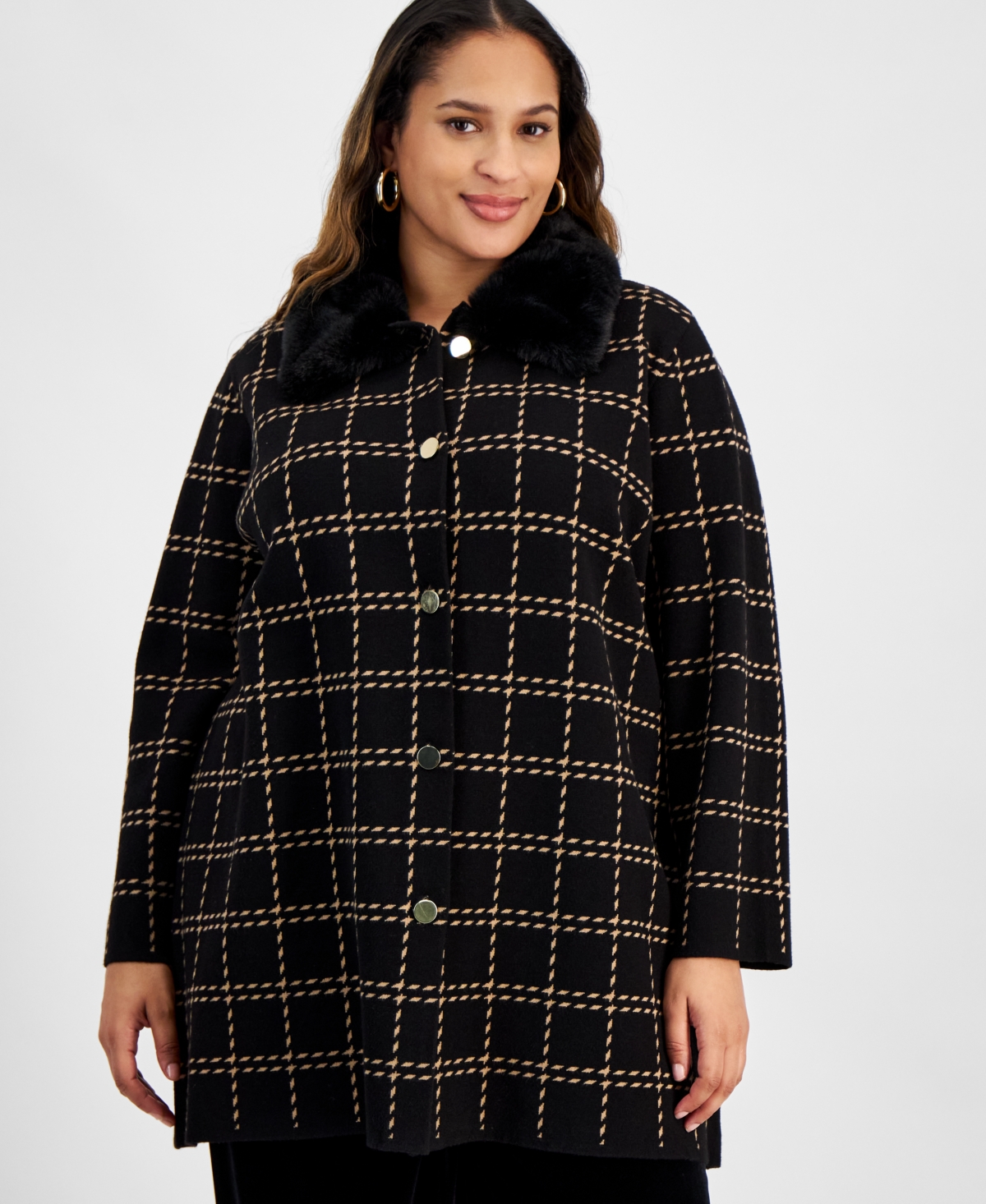 Kasper Plus Size Faux-Fur-Collar Sweater Jacket -GOLD