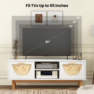 TV Stand for 55-Inch TVs with 2 Drawers & Bamboo Woven Fronts Solid Wood Legs