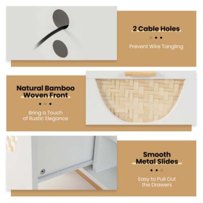 TV Stand for 55-Inch TVs with 2 Drawers & Bamboo Woven Fronts Solid Wood Legs