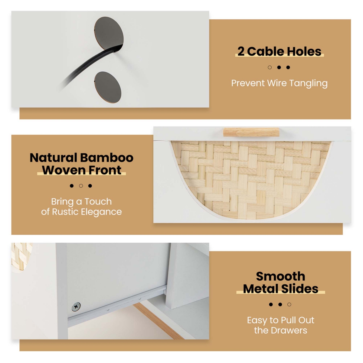 Costway Tv Stand for 55-Inch TVs with 2 Drawers & Woven Fronts Solid Wood Legs