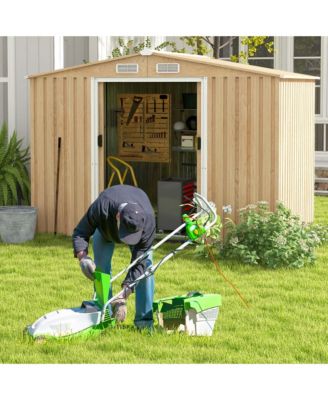 8 × 6 FT Outdoor Storage Shed Galvanized Steel Shed with Base Floor Wood Grain
