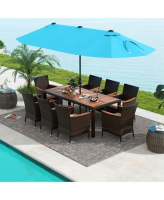 11 PCS Patio Wicker Dining Set with Double-Sided Outdoor Umbrella 8 Stackable Chairs