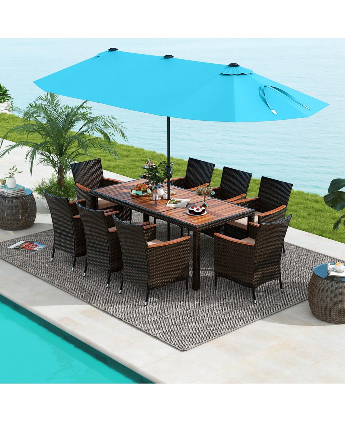 Costway 11 Pcs Patio Wicker Dining Set with Double-Sided Outdoor Umbrella 8 Stackable Chairs