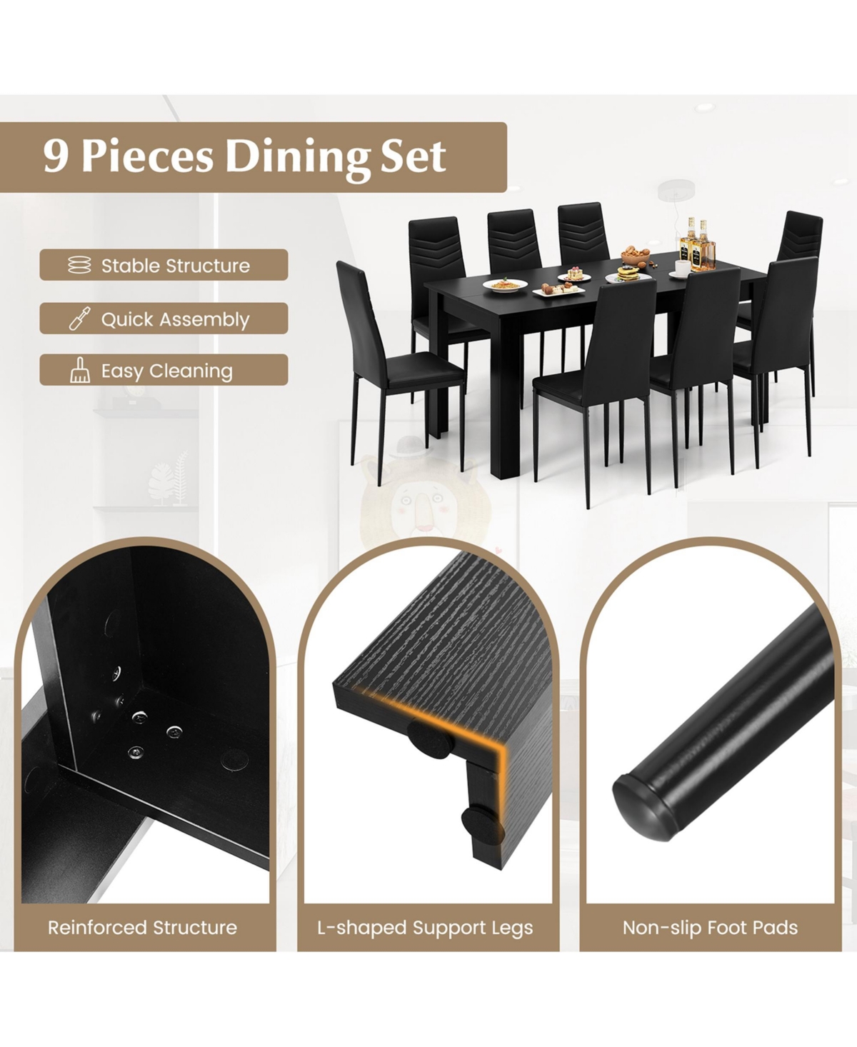 Modern Rectangular Kitchen Table Set with 8 Pvc Leather Dining Chairs