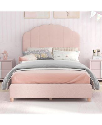 Kids Twin Platform Bed Frame Upholstered Twin Size Bed with Wooden Slats Support