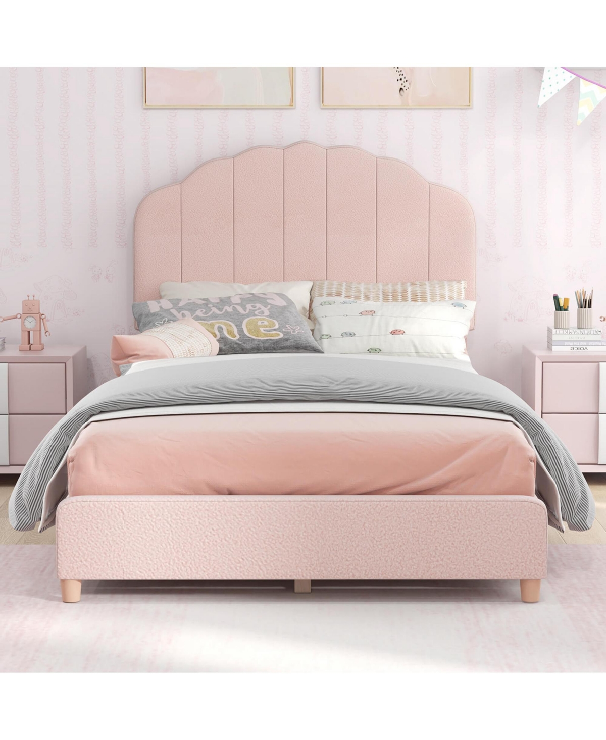 Costway Kids Twin Platform Bed Frame Upholstered Twin Size Bed with Wooden Slats Support