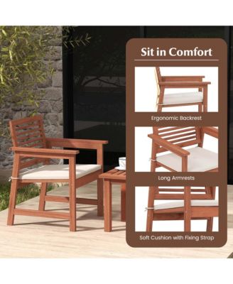 3 PCS Patio Furniture Set with 2 Seat Cushions Coffee Table Solid Wood Chairs