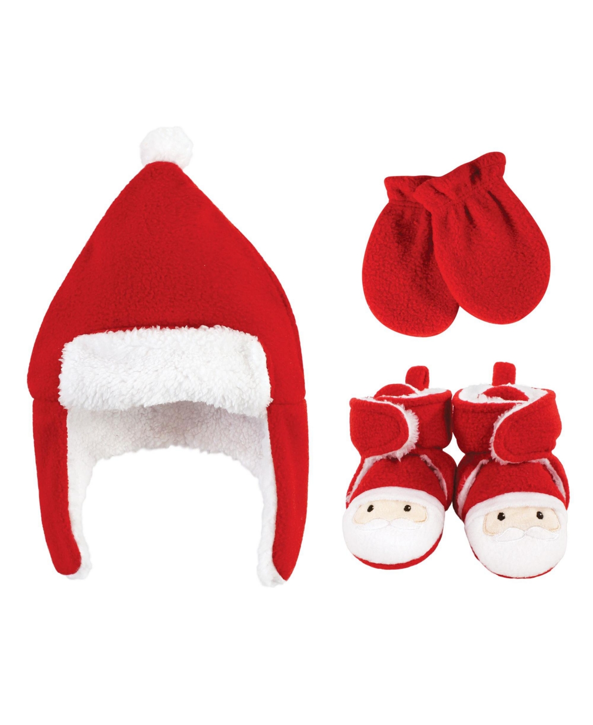 Hudson Baby Baby Boys Hudson Unisex Unisex Winter Warmth 3Pk Earflap Hat, Mittens & Plush Booties - Santa