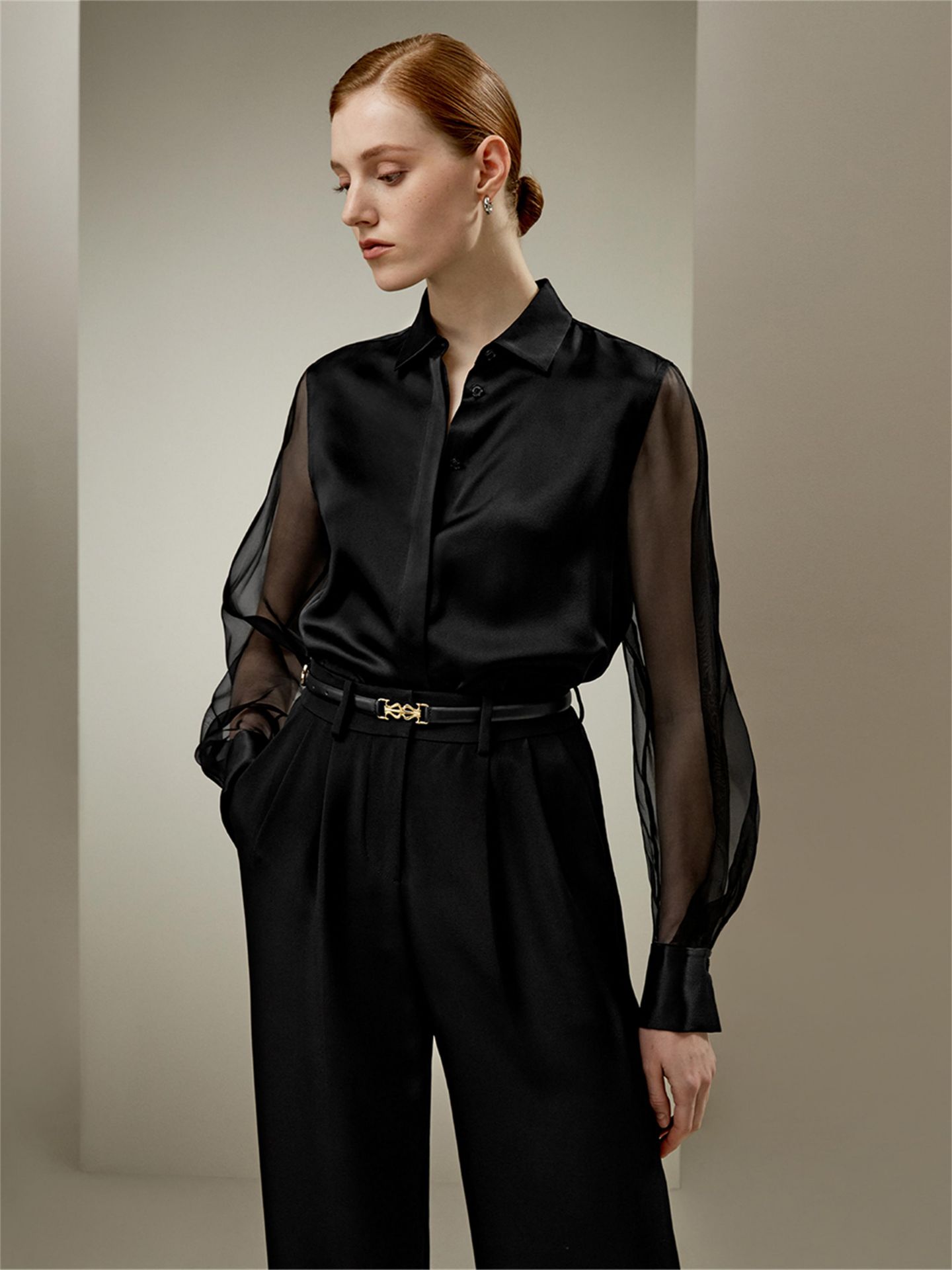 Женская рубашка LILYSILK Ethereal Crisp Sheer Sleeves Regular Fit Silk, цвет: Чёрный — фото 5