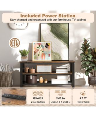 1 Pc 3-Tier TV Stand, Fits TVs up to 50", with Power Outlets, USB Ports & Shelves – Entertainment Furniture