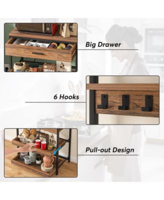 Bakers Rack with Power Outlets, 5-Tier Kitchen Storage Shelf, Microwave Oven Stand with Drawer, Kitchen Rack with 6 Hooks