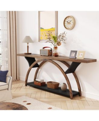 Wood 70.87-Inch Console Table with Storage Shelf and Half Moon Frame
