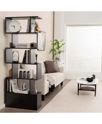 6-Tier S-Shaped Bookcase Storage Rack Bookshelf with Cabinet Anti-toppling Devices