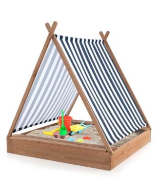 Wooden Sandbox with Canopy Tent Design Fir Wood Frame 2 Bench Seats Bottom