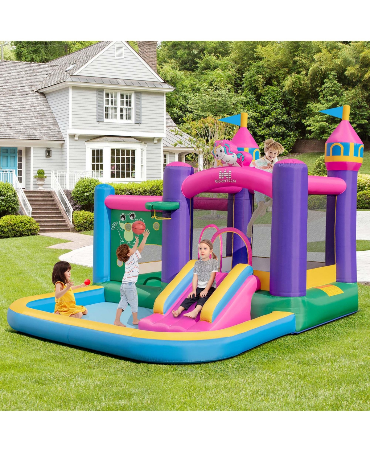 6-in-1 Kids Inflatable Bounce House with Slide Jumping Area Ball Pit Pools Castle without Blower
