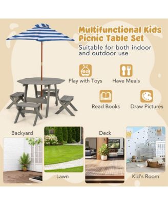 Kids Wooden Table Set with Octagon Table 4 Stools & Removable Adjustable Umbrella