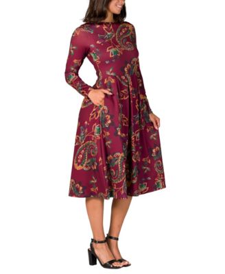 Women's Wine Paisley Midi Length Long Sleeve Pocket Dress