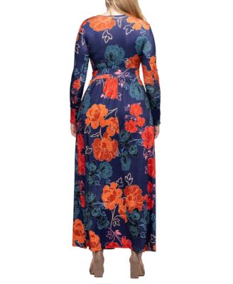 Women's Navy Floral Print Long Sleeve Side Slit Maxi Dress