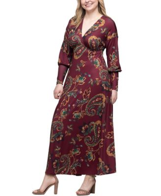Women's Wine Paisley Print Sleeve A Line Maxi Dress