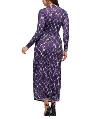 Women's Purple Print Collared Wrap Maxi Dress