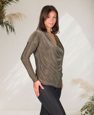 Women's Cowl Neck Long Sleeve Shimmery Fabric Top