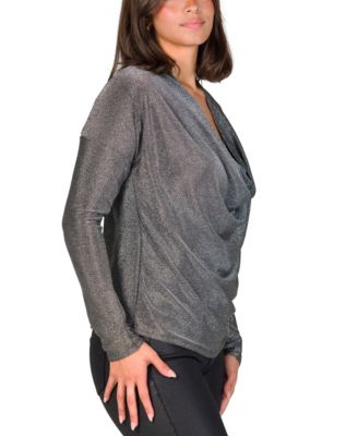 Women's Cowl Neck Long Sleeve Shimmery Fabric Top