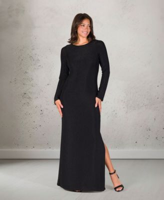 Women's Fitted Long Sleeve Shimmery Side Slit Maxi Dress