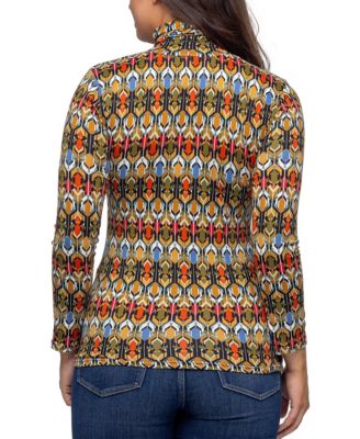 Women's Multicolor Geo Pring Long Sleeve Turtleneck Top