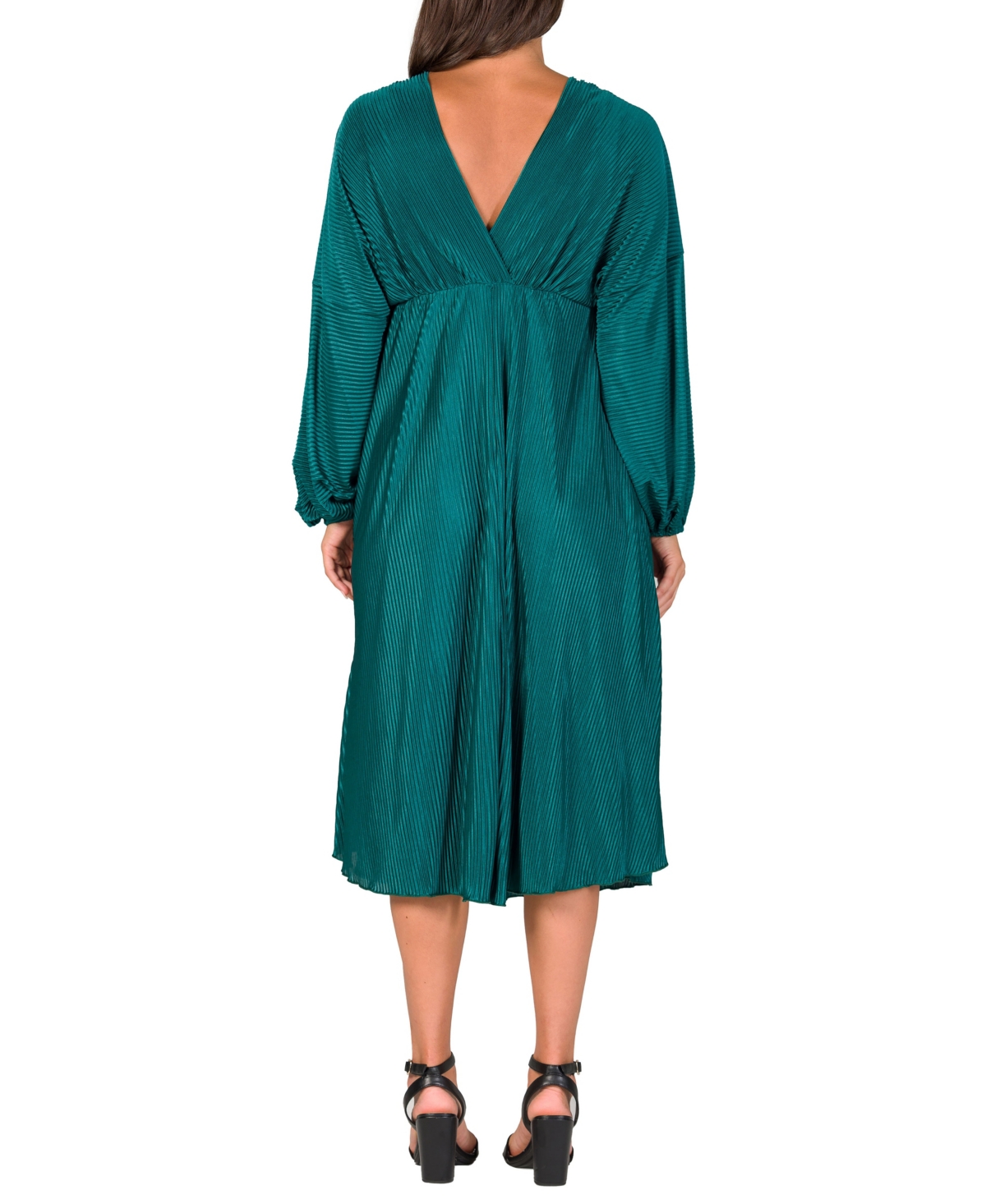 24seven Comfort Apparel Shimmer Pleated V-neck Empire Waist Bishop Sleeve Midi Dress In Hunter