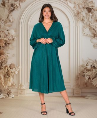 Women's Pleated V Neck Empire Waist Midi Dress