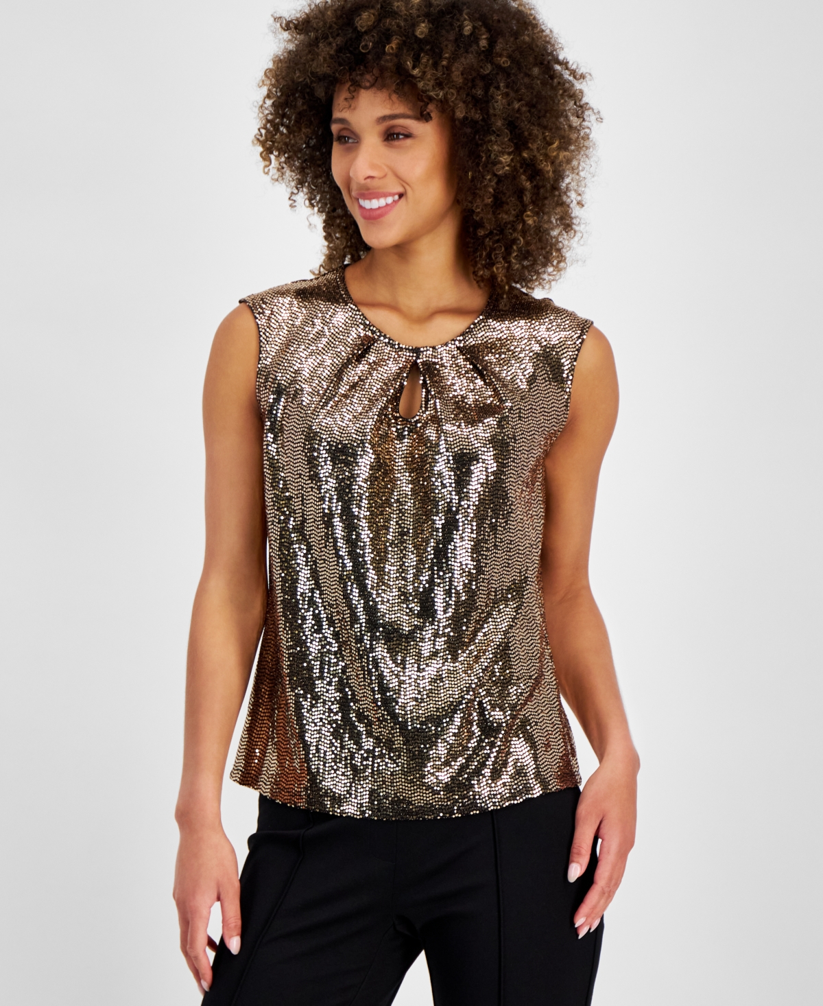 Women's Mirror-Dot Front-Keyhole Sleeveless Top, Regular and Petite Sizes - Black/Gold