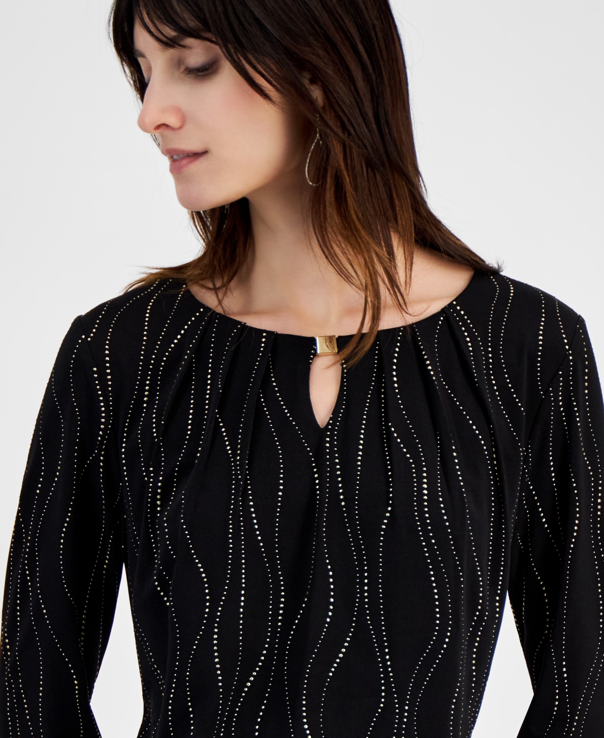 Kasper Women's Printed 3/4-Sleeve Keyhole Top, Regular and Petite Sizes -Gold