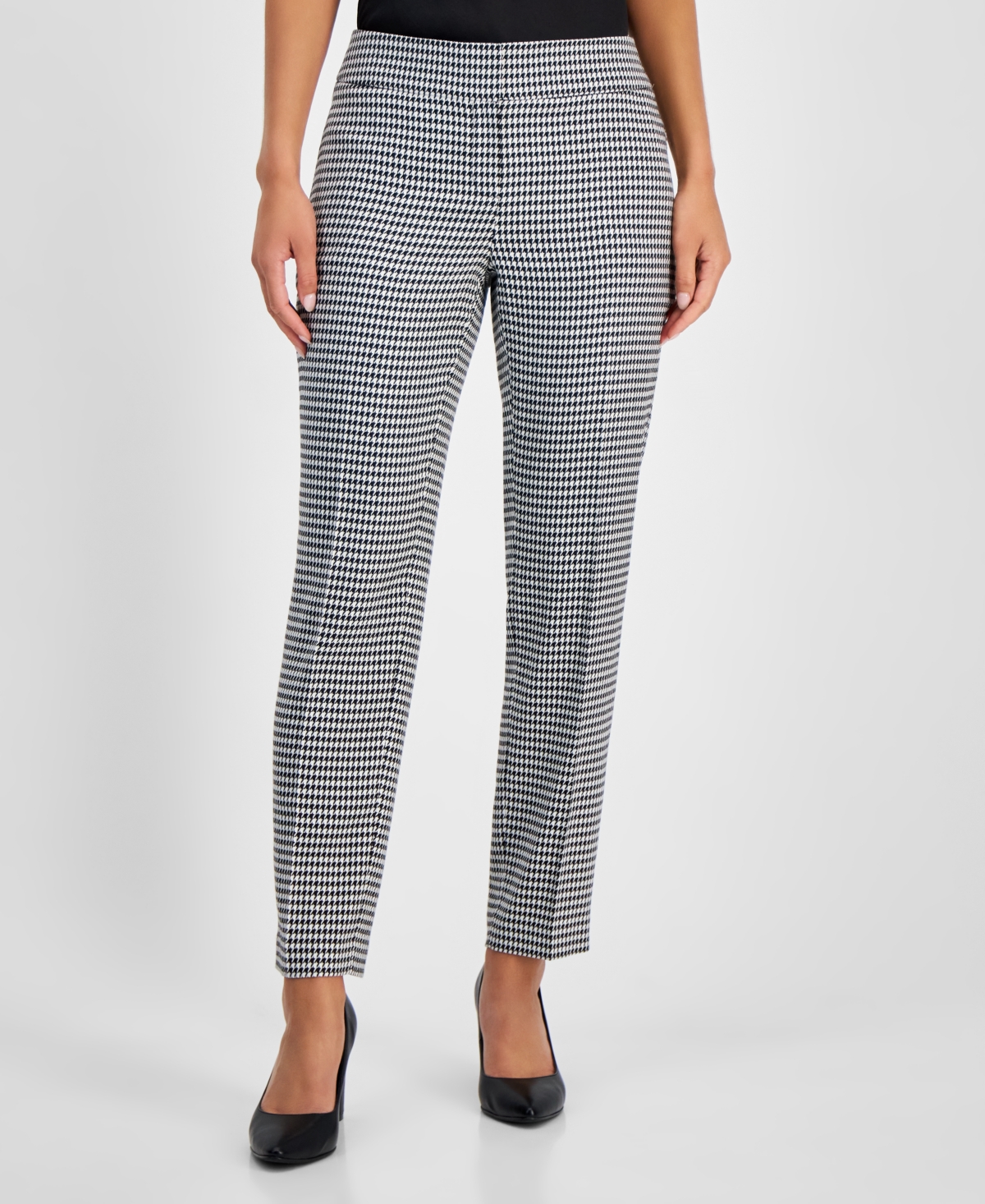 Kasper Women's Houndstooth Print Mid Rise Straight-Leg Pants, Regular and Petite Sizes -White