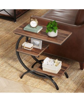 3-Tier Wood C-Shaped End Table with Storage Shelves, Metal Frame Side Table for Small Spaces