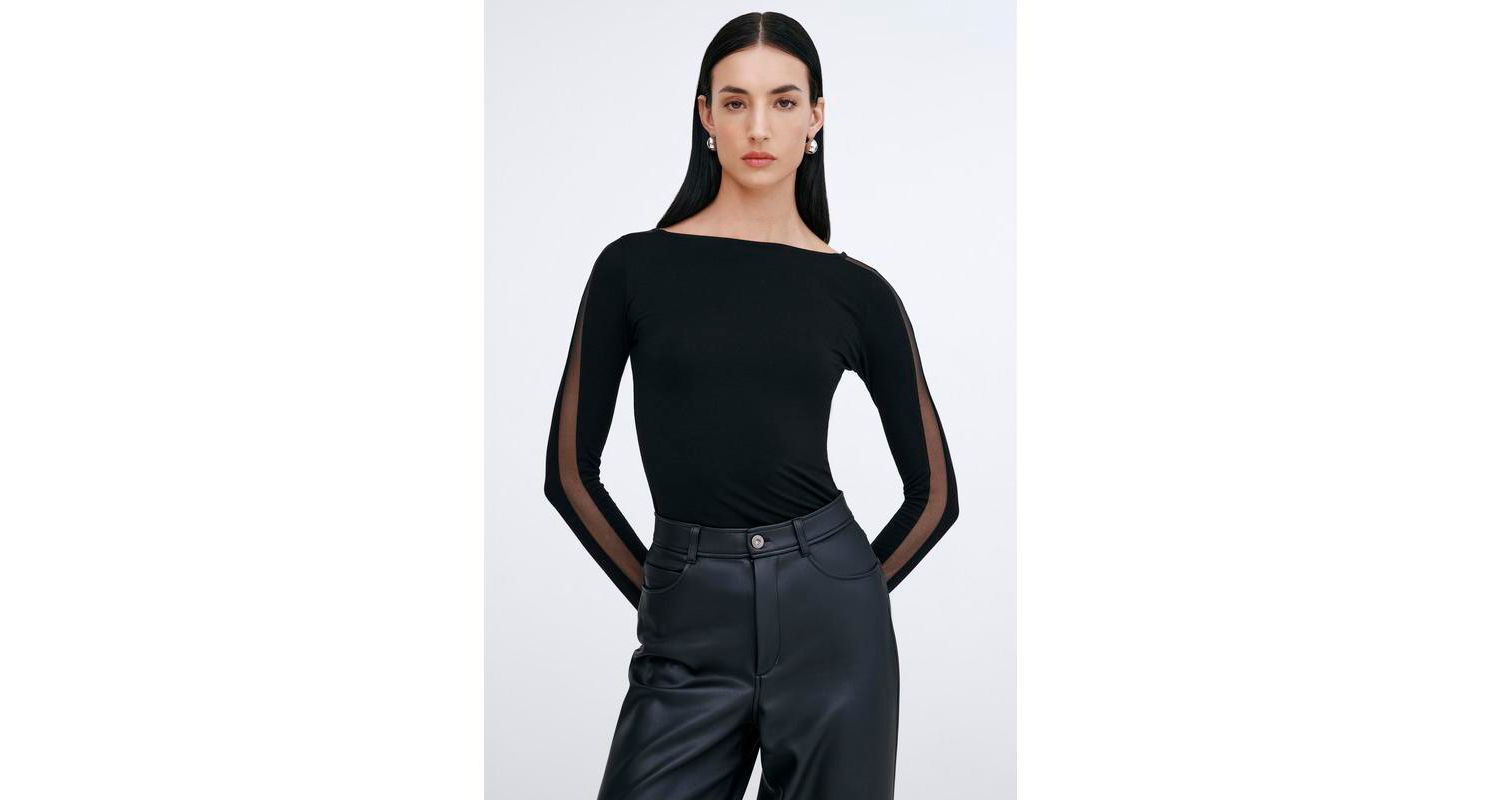 Women's Illa Boat-Neck Fitted Jersey Top with Sheer Mesh Sleeves