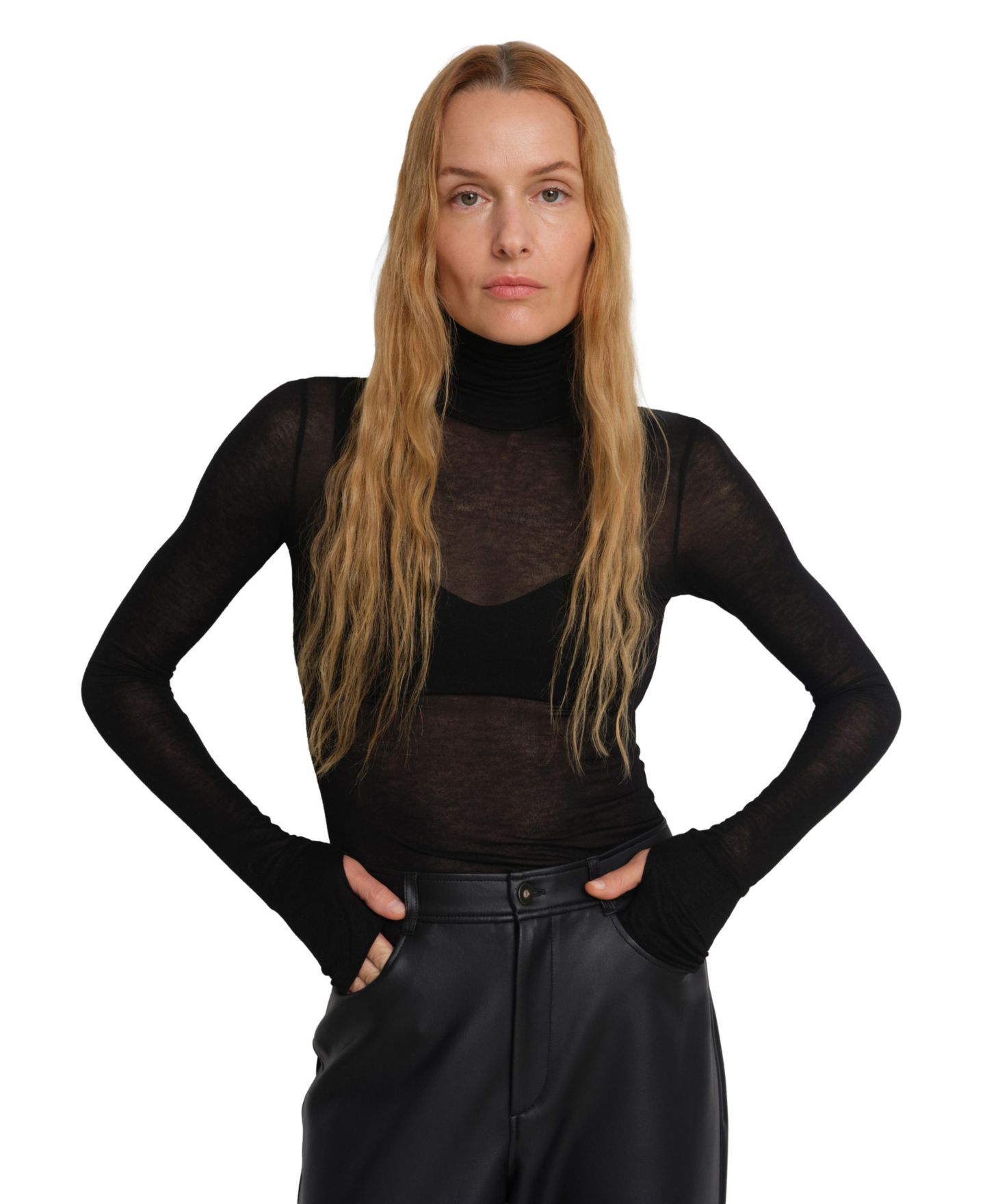 Женский топ Marcella Eloise Extra-Long Sheer Jersey Fitted Turtleneck with Thumbholes, цвет: Чёрный — фото 4