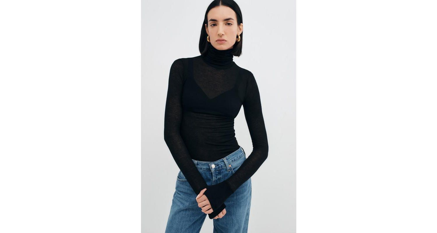 Women's Eloise Extra-Long Sheer Jersey Fitted Turtleneck with Thumbholes