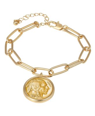 16459 Gold Layered Buffalo Nickel Coin Goldtone Elongated Link Bracelet