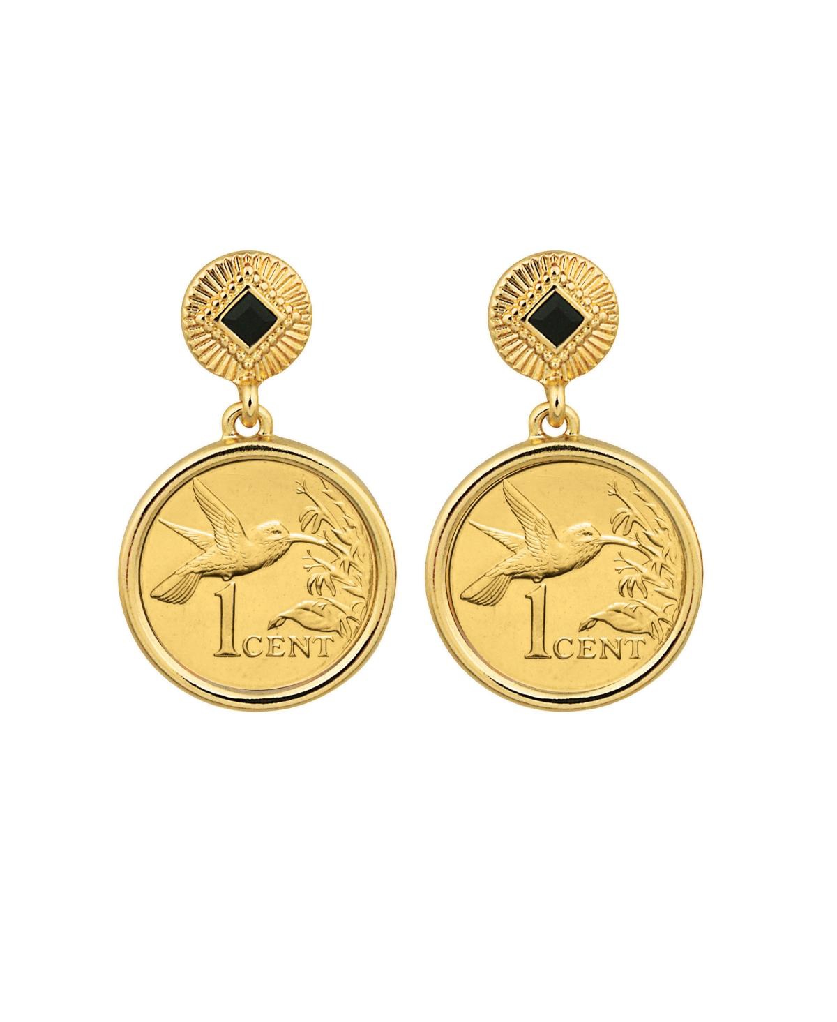17092 Gold Layered Hummingbird Coin Goldtone Art Decor Earrings with Black Stone, Gold - Black