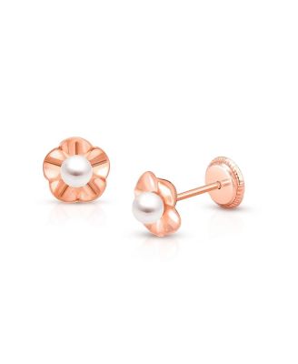 14K Gold Ruffled Petals with Pearl Studs Screw Back Earrings