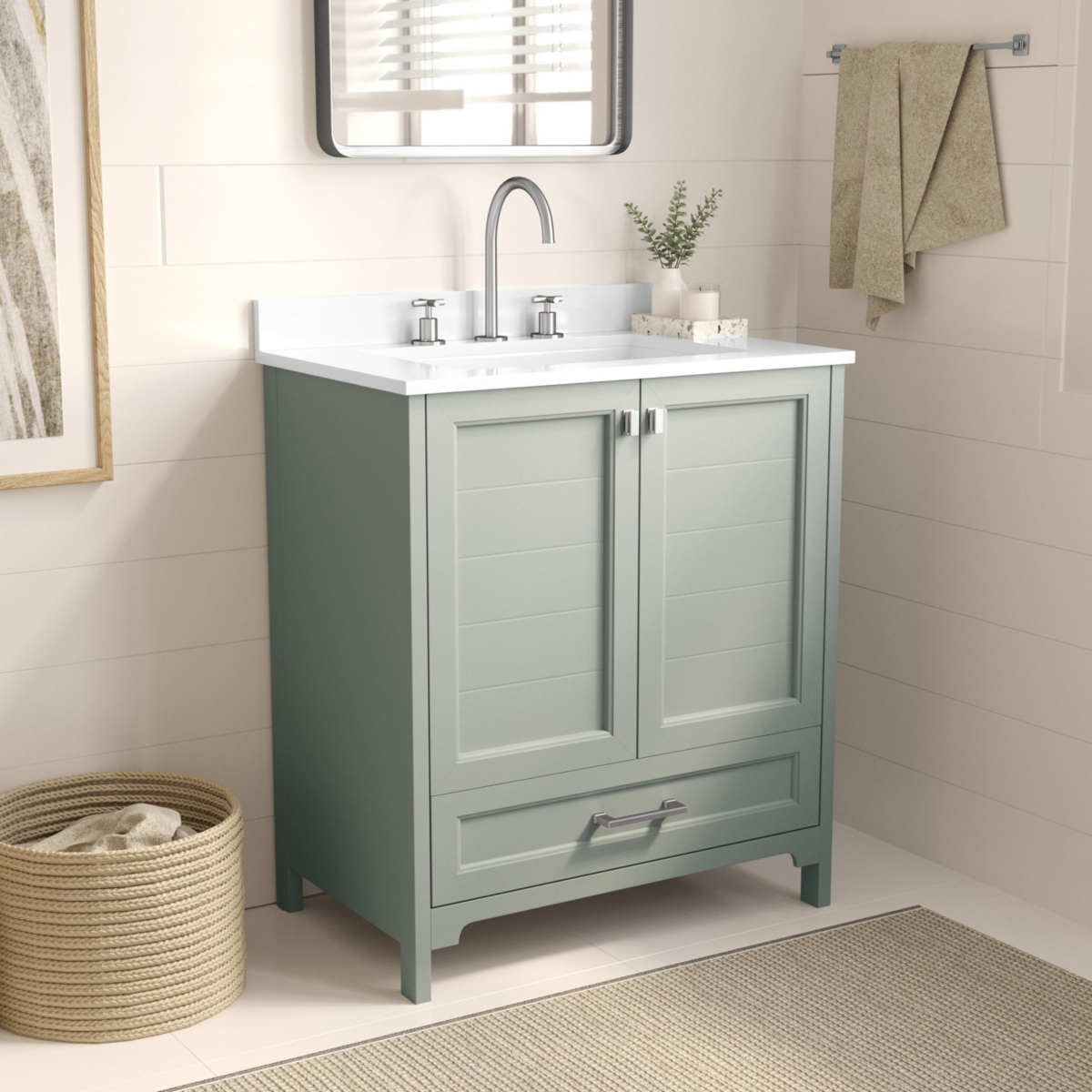 Merrick Lane Argos Single Sink Bathroom Vanity With Undermount Basin, Soft-Close Cabinet, Easy-Glide Drawer, And Carrara Marble Finish Countertop - Gr