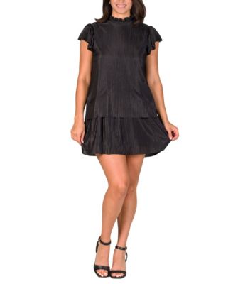 Women's Ruffle Cap Sleeve High Neck Pleated Mini Dress