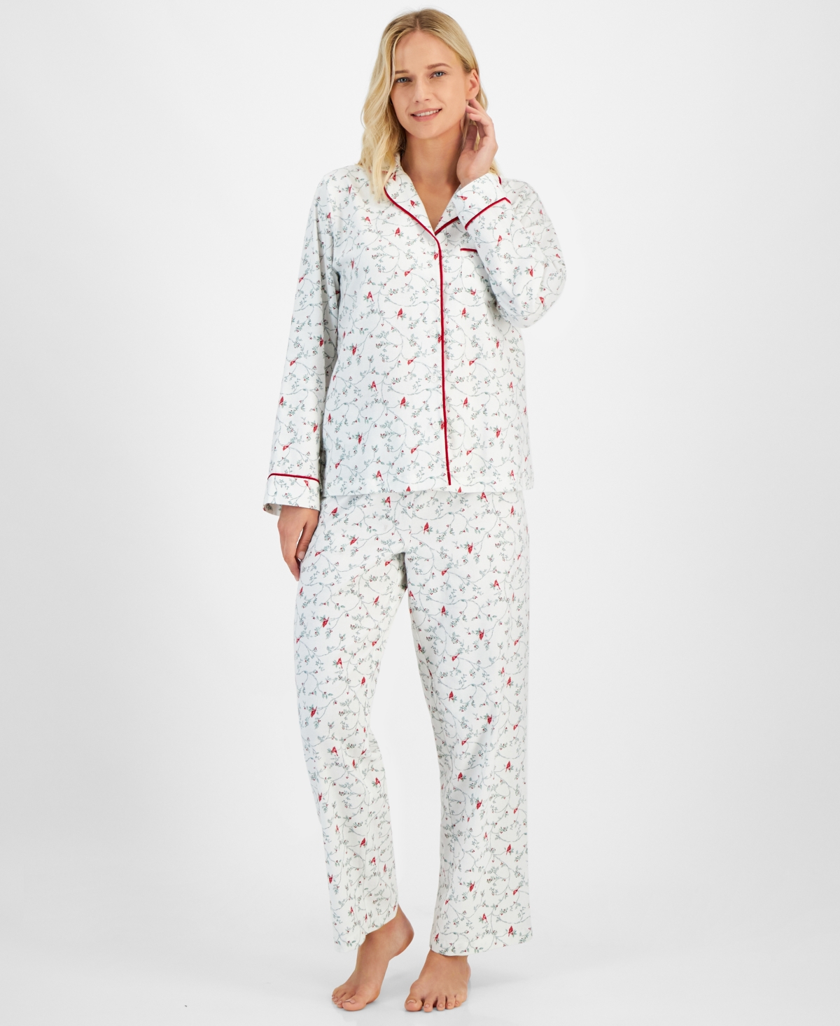 Charter Club Petite Women's Long-sleeve Cotton Flannel Packaged Pajama Set, Created For Macy's In Delicate Cardinal