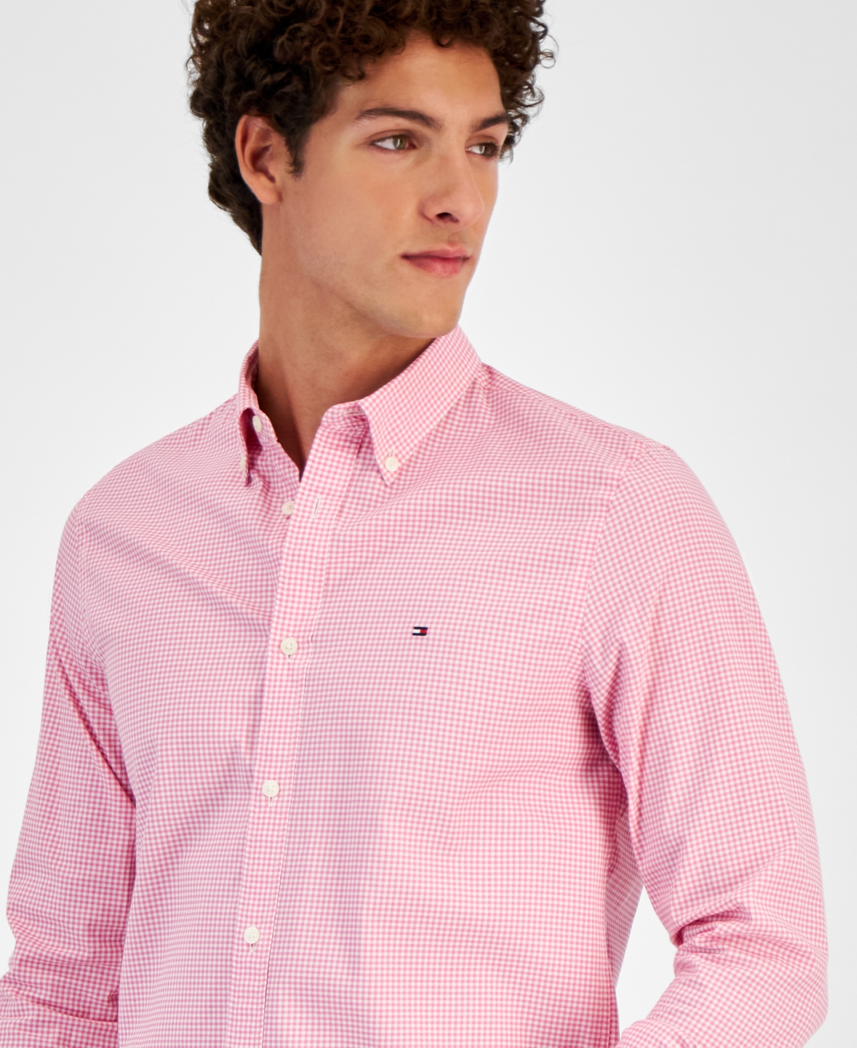 Tommy Hilfilger Men's Long Sleeve Button-Front Poplin Micro Gingham Shirt -/ Optic White