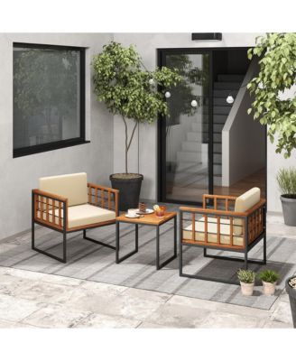 3 Pieces Patio Furniture Set Acacia Wood Bistro Conversation Set w/ 2 Cushioned Chairs Beige