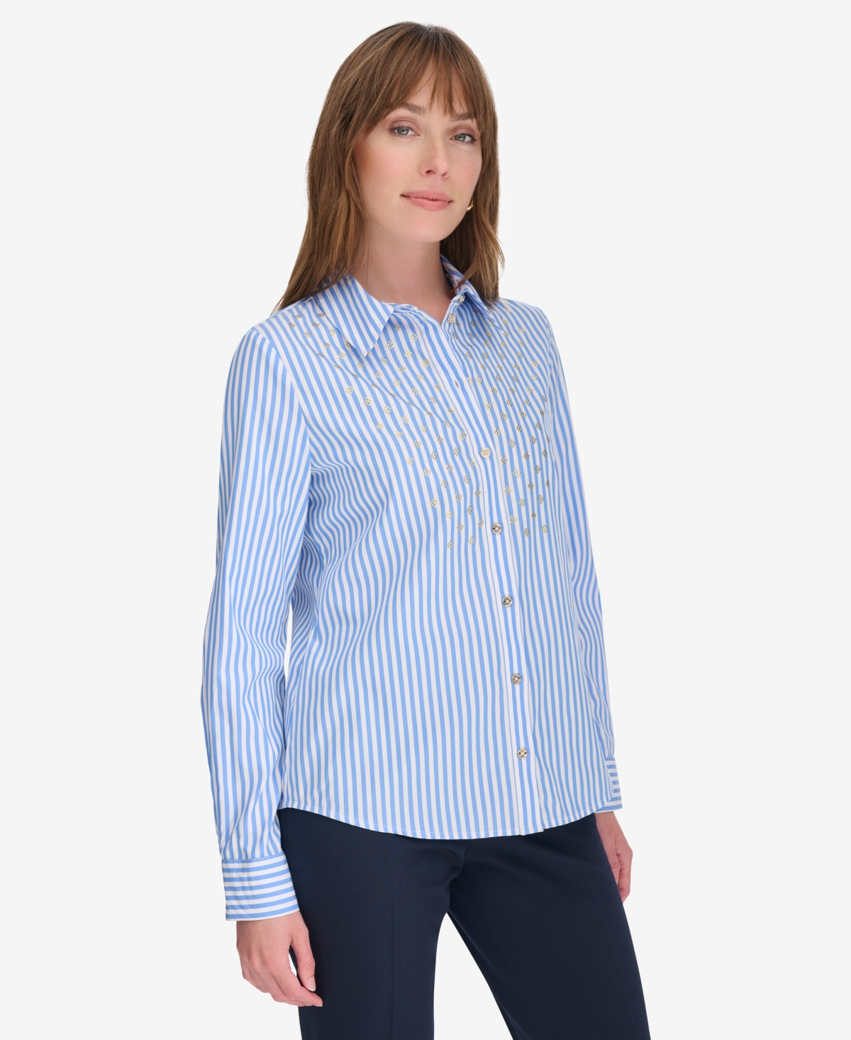 Tommy Hilfiger Women's Cotton Striped Embellished Long-Sleeve Shirt -b